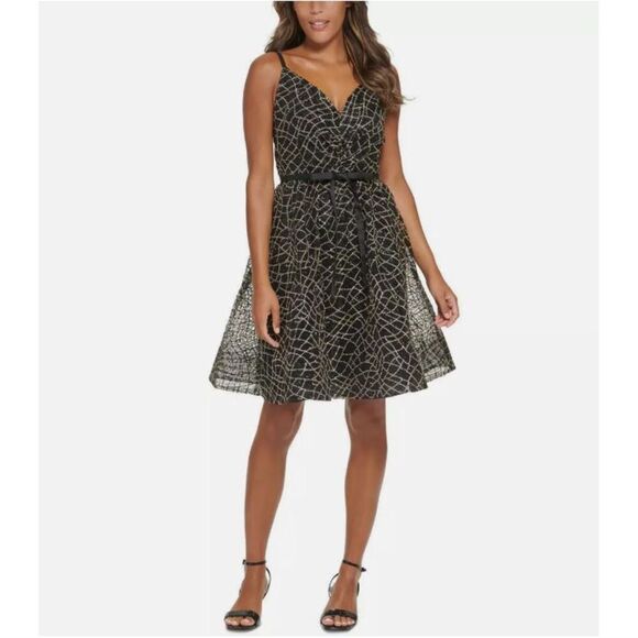 CALVIN KLEIN Sequin Mesh A-Line Party Dress Size‎ 2 Black Sleeveless V-Neck NWT - Picture 1 of 11